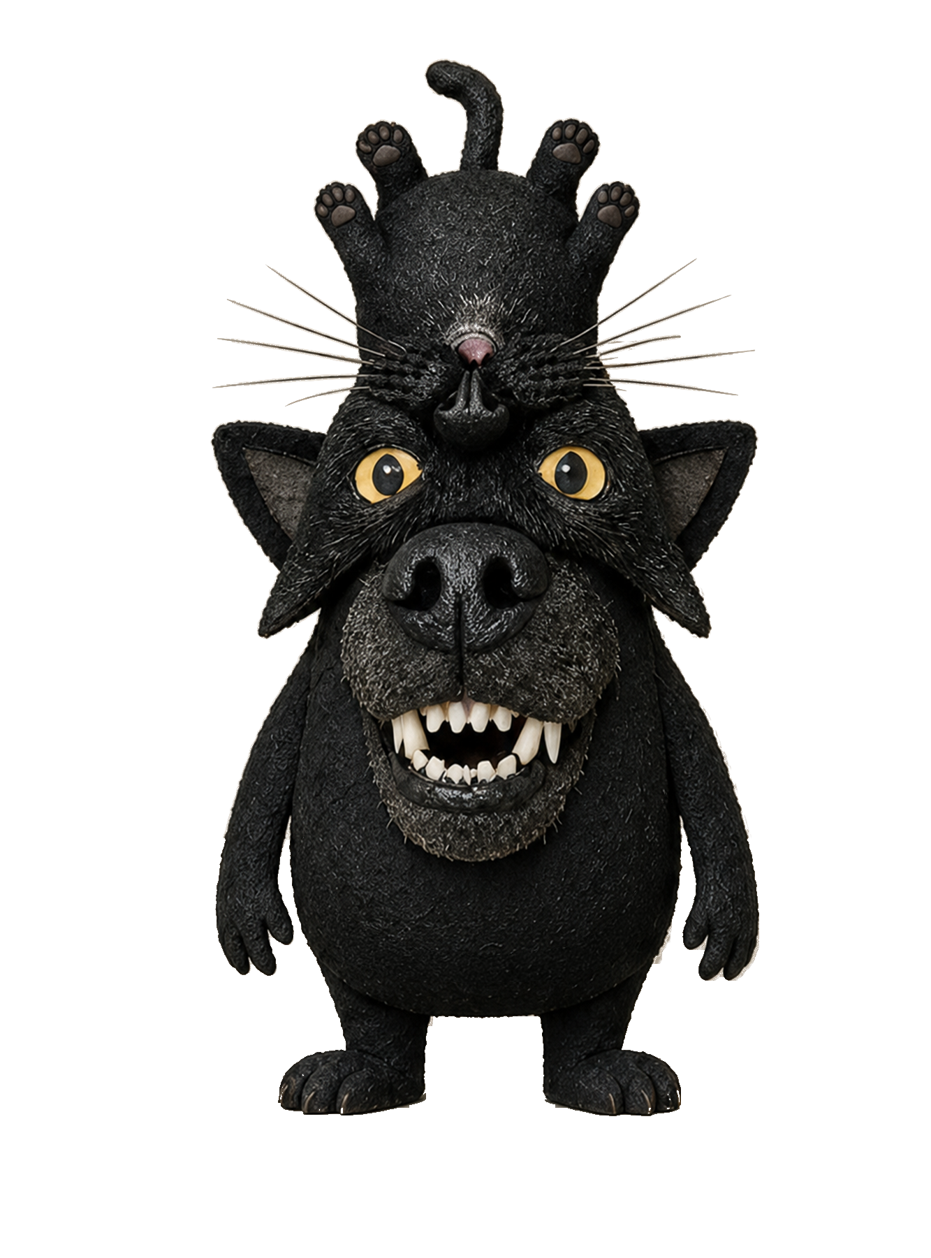 Full-body Cog: an upside-down black cat joined to a black dog's head and body, standing on two paws.
