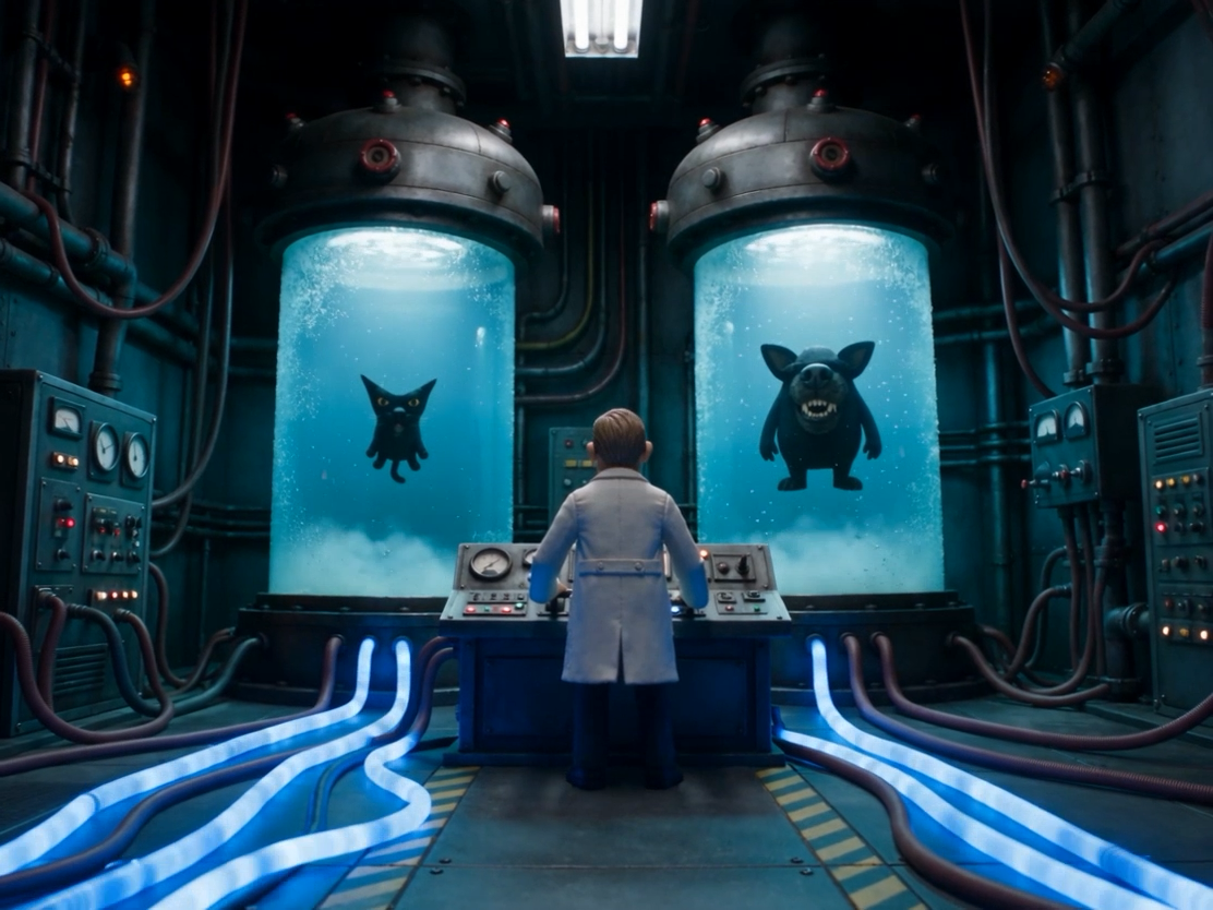 A scientist creating Cog from separate cat and dog specimens
